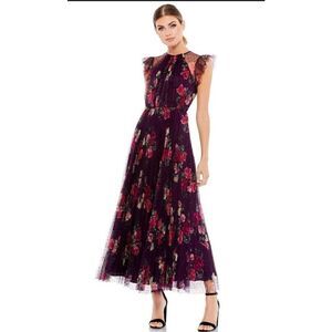 Mac Duggal Floral Lace Midi Dress - Deep Purple and Red